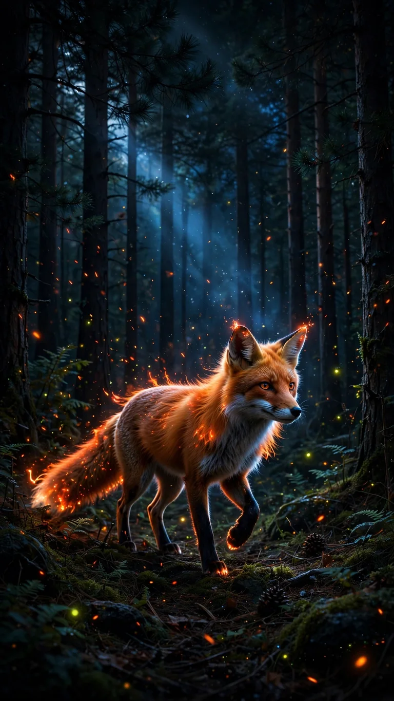 Glowing ember fox walking through a dark pine forest at night, vertical dark wallpaper