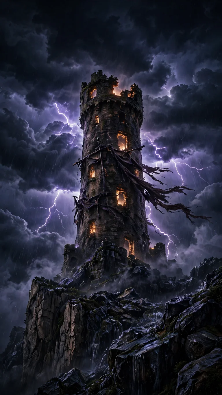 Ruined medieval watchtower in a violet lightning storm at night, dark vertical wallpaper