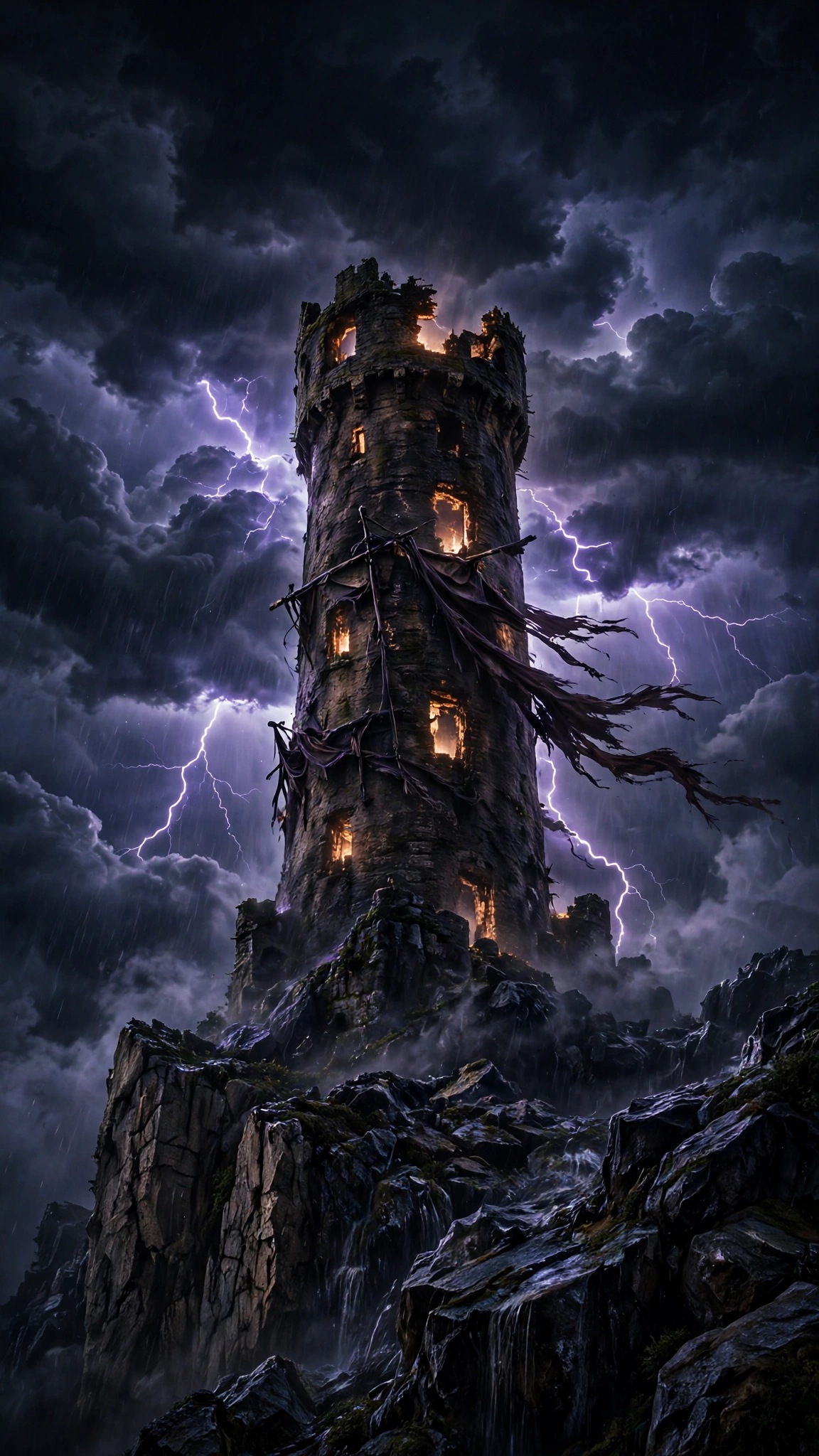 Ruined medieval watchtower in a violet lightning storm at night, dark vertical wallpaper
