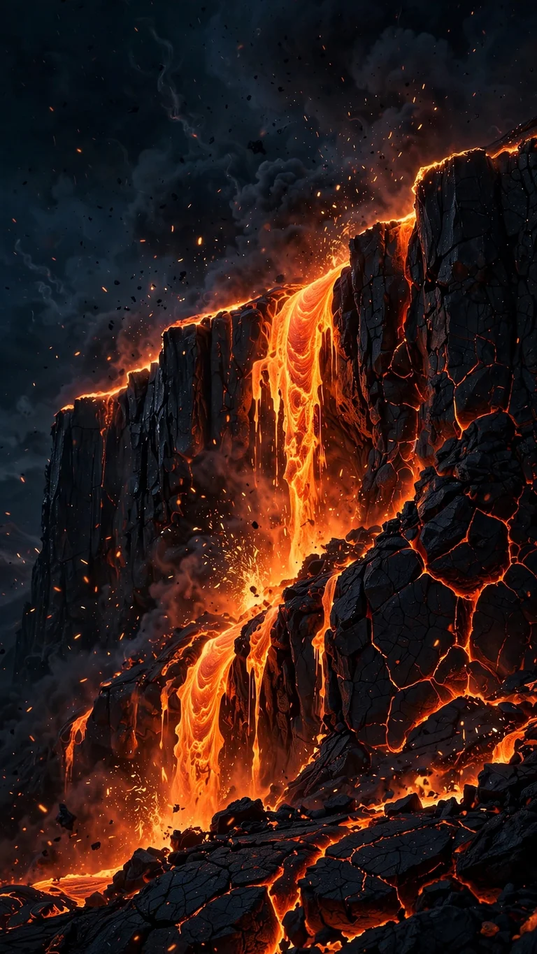 Glowing lavafall pouring over a black obsidian cliff at night, dark vertical wallpaper