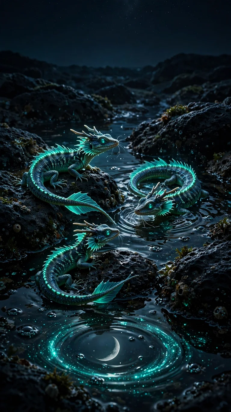 Glowing baby sea dragons around moonlit tidepools at night, dark vertical wallpaper