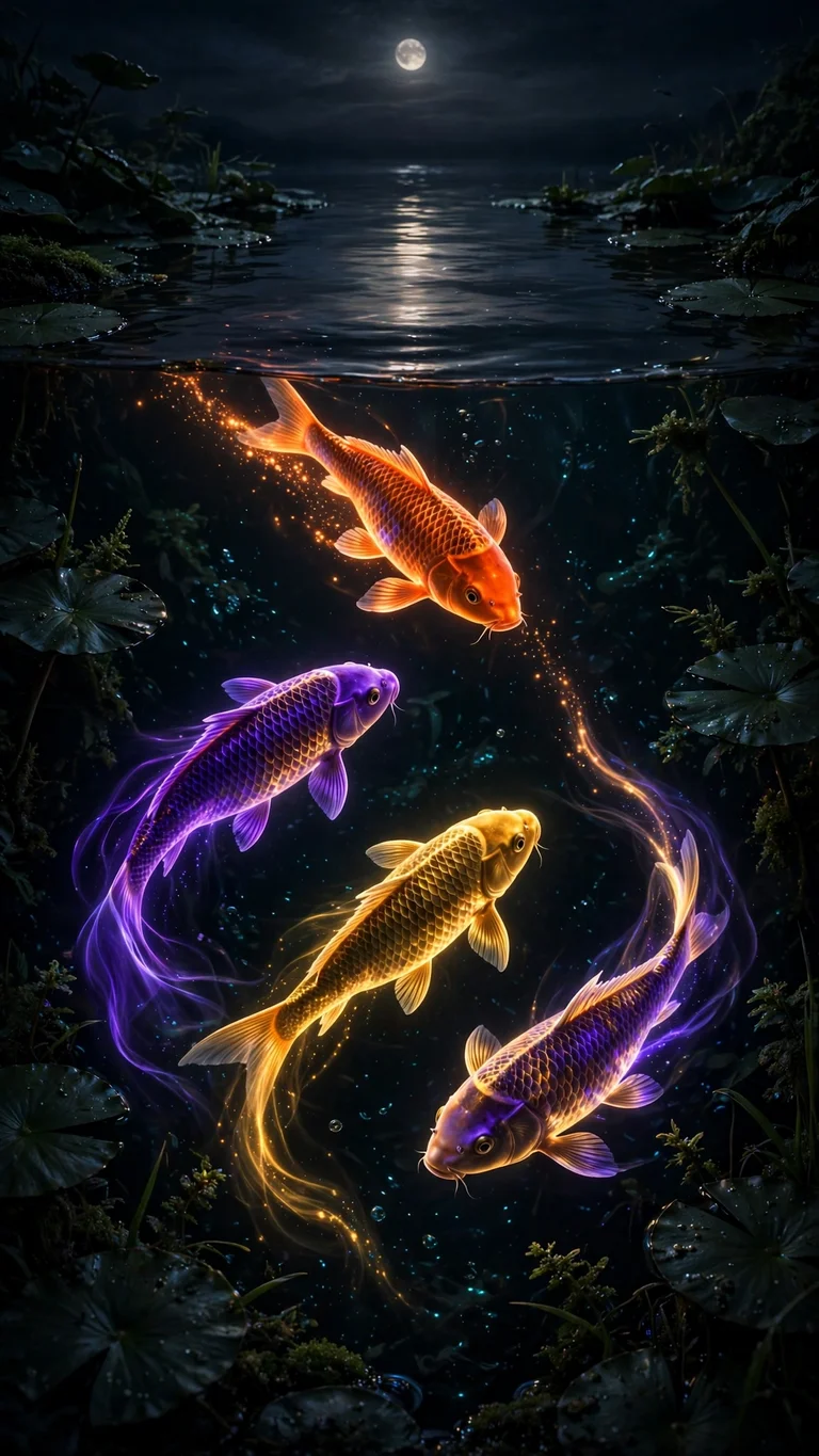 Neon glowing koi fish in a black pond under moonlight, dark vertical wallpaper