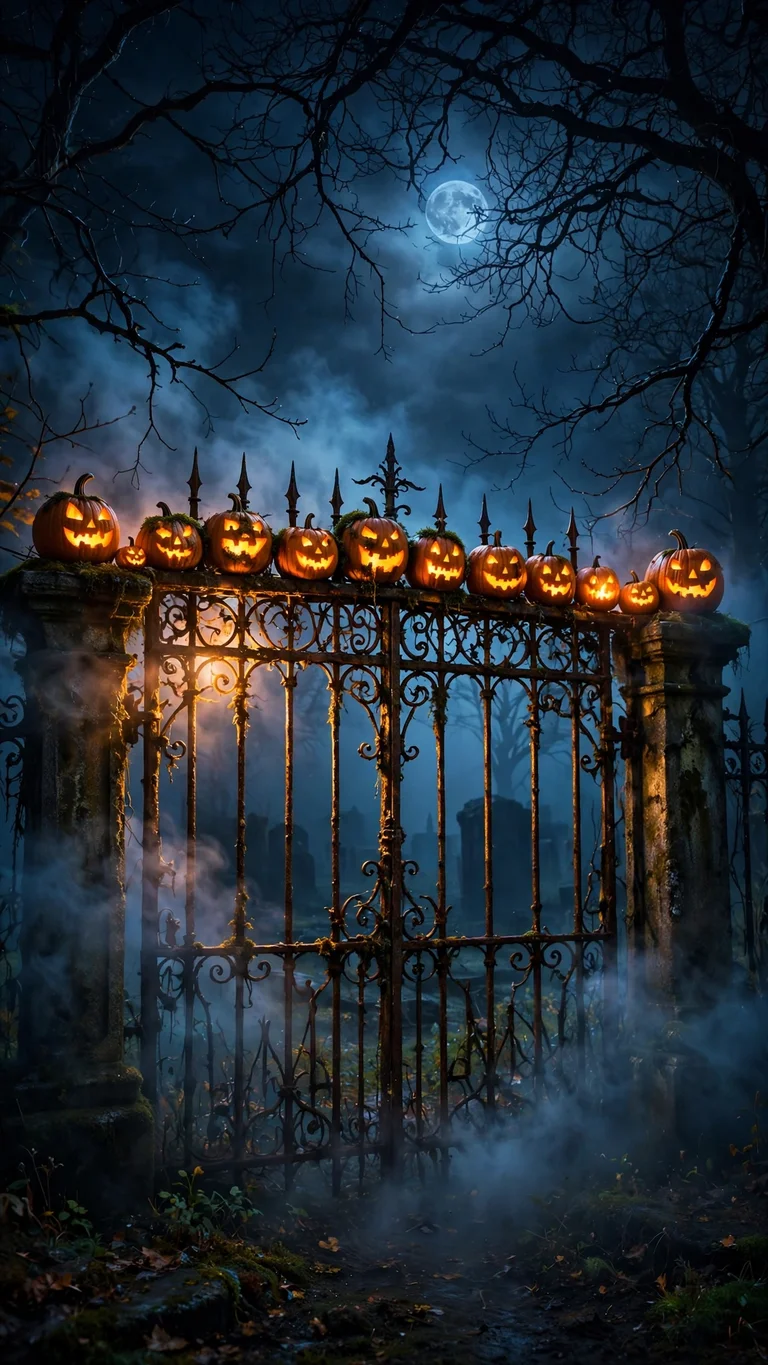 Glowing jack-o-lantern pumpkins on an iron gate in night fog, Halloween dark wallpaper