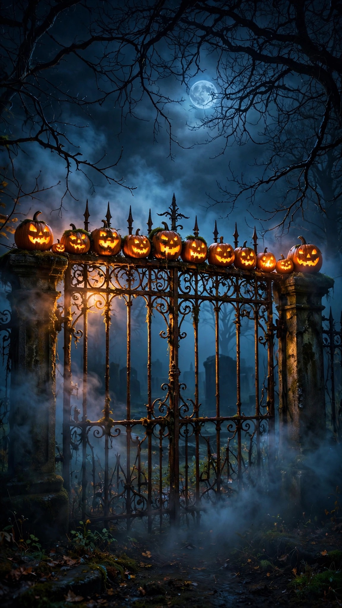Glowing jack-o-lantern pumpkins on an iron gate in night fog, Halloween dark wallpaper