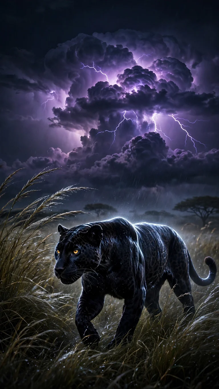Black panther with glowing amber eyes in a night lightning storm, dark vertical wallpaper