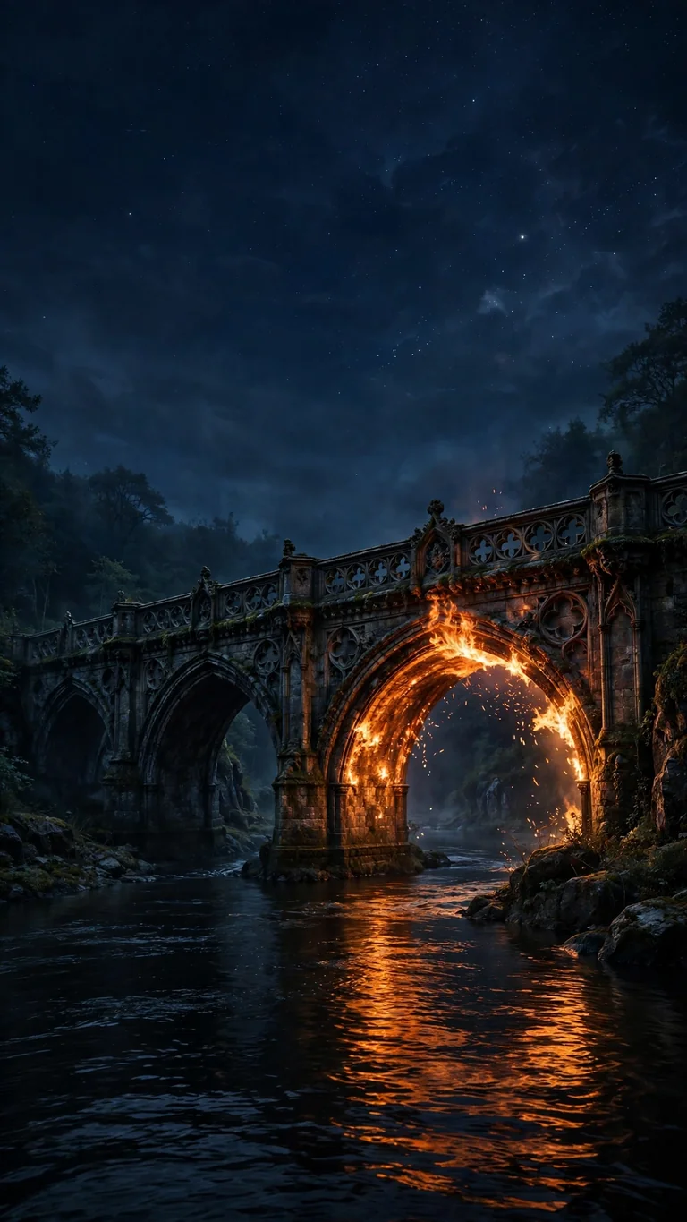 Gothic stone bridge with burning ember-lit arch reflected in dark river at midnight, dark wallpaper