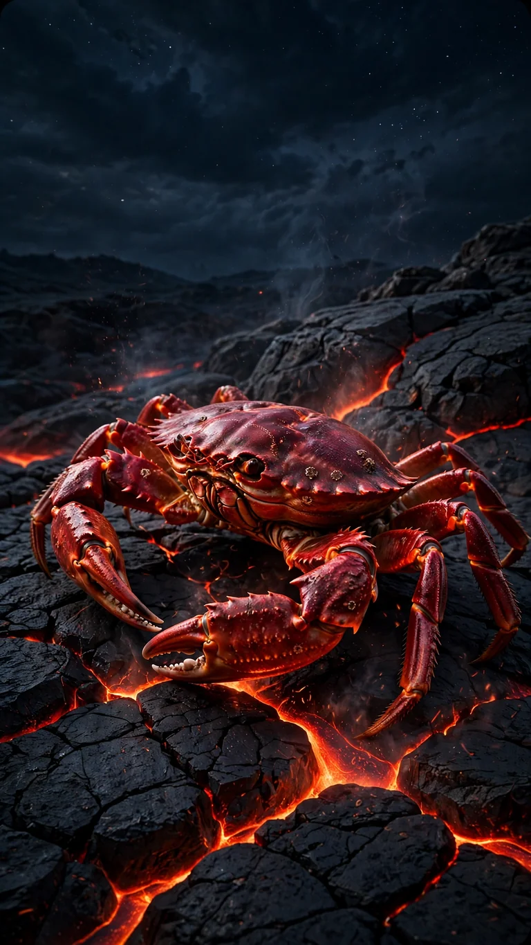 Crimson crab with glowing ember joints on cracked volcanic basalt at night, dark wallpaper