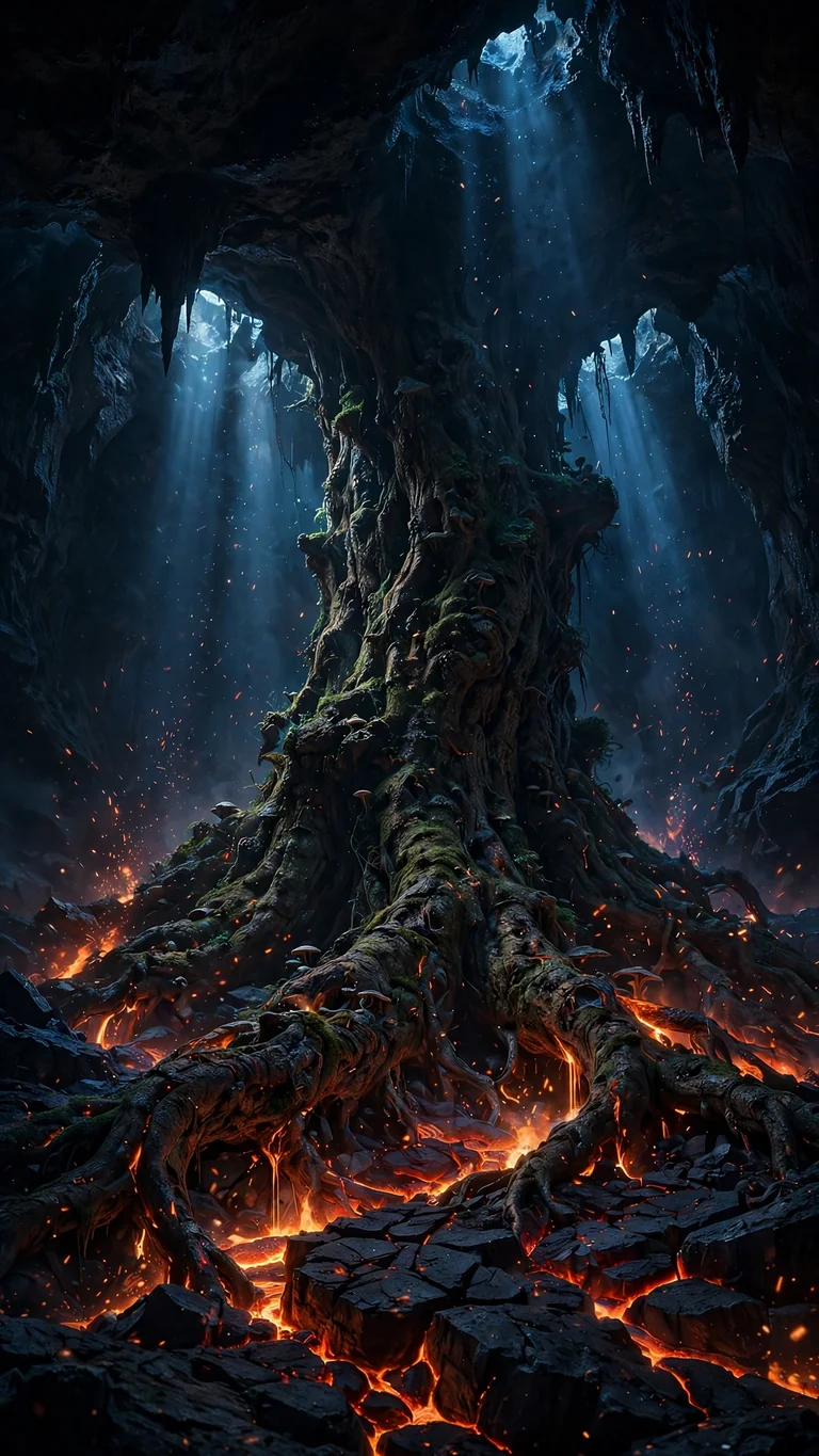 Ancient tree with glowing ember-vein roots in a dark cavern, dark wallpaper