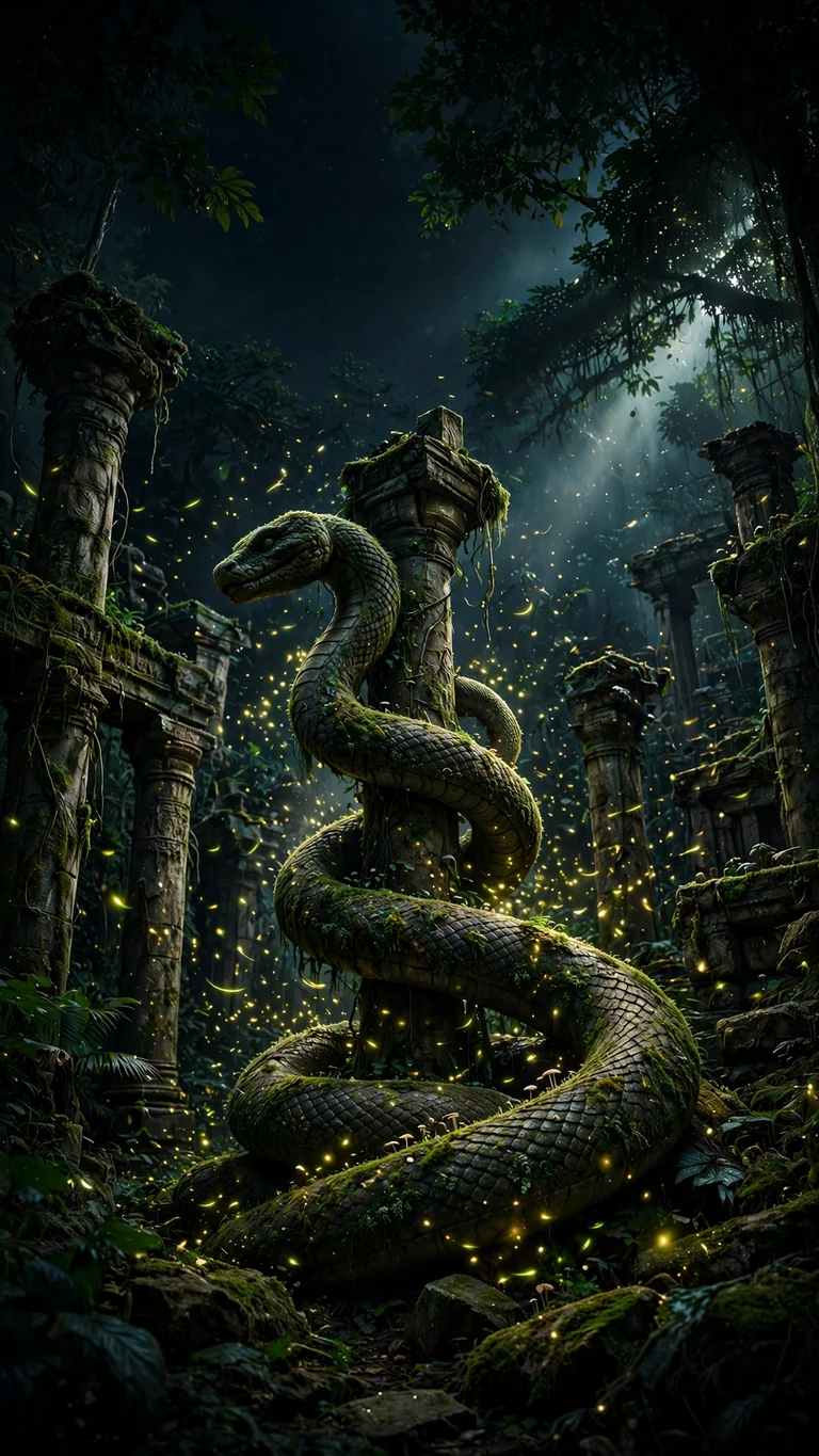 Moss-covered serpent statue in jungle temple ruins glowing with fireflies at night, dark wallpaper