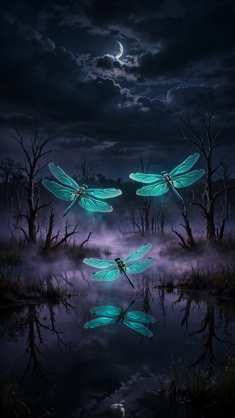 Glowing teal dragonflies over a dark dead marsh with crescent moon reflections, dark wallpaper