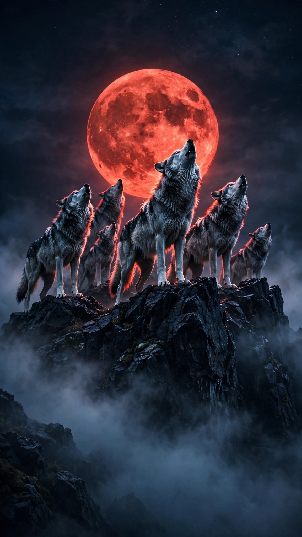 Wolves howling under a giant blood-red moon on a cliff summit, dark phone wallpaper