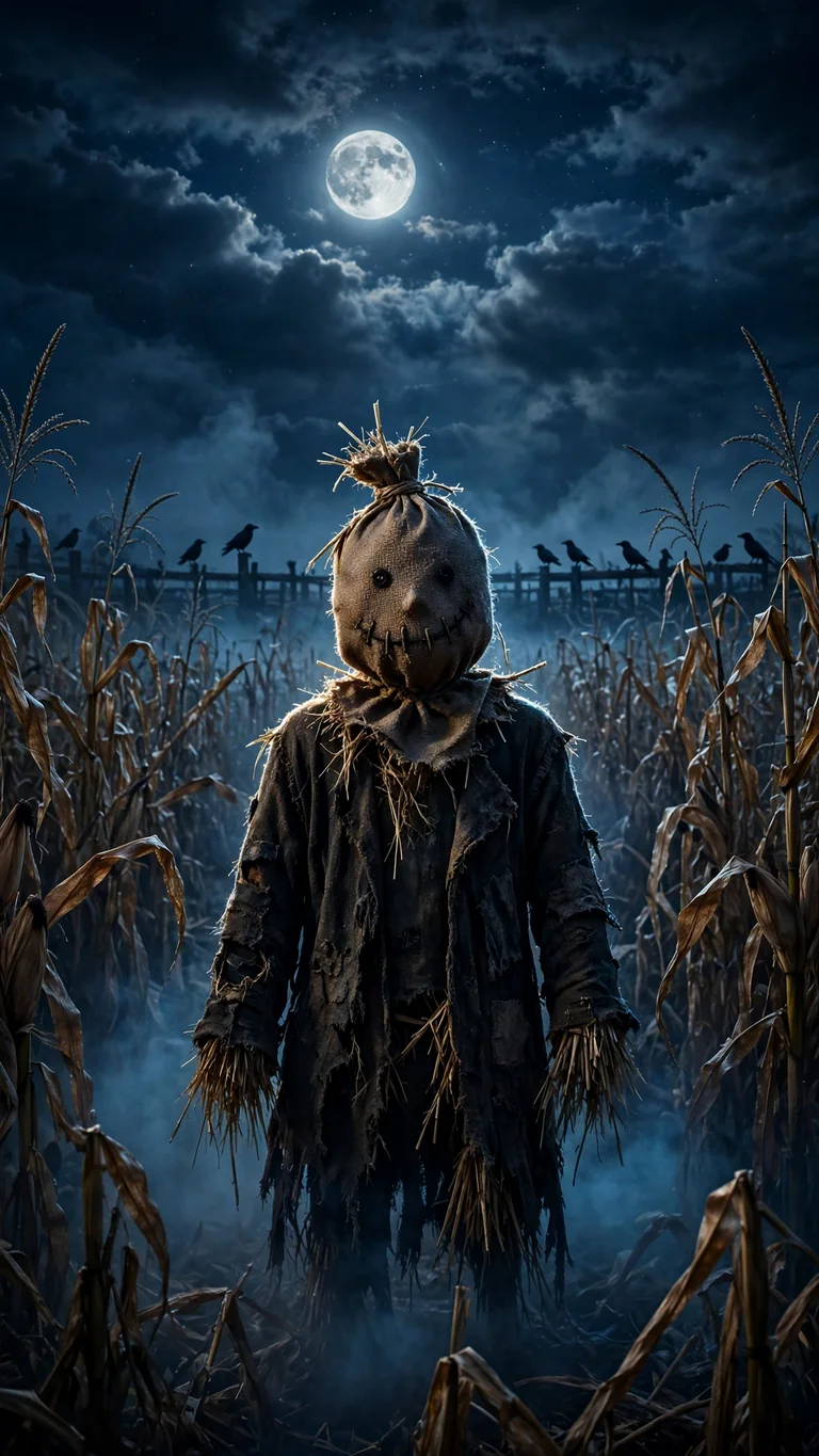 Spooky scarecrow in a moonlit cornfield under a full moon with crows, dark Halloween wallpaper