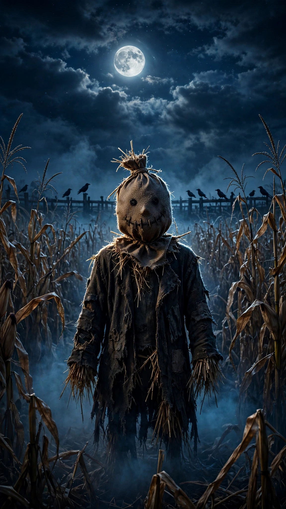 Spooky scarecrow in a moonlit cornfield under a full moon with crows, dark Halloween wallpaper