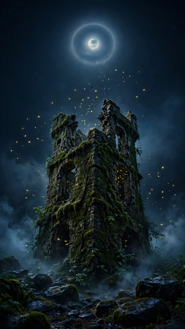 Moss-covered castle ruin with spiraling fireflies under a haloed moon, dark wallpaper
