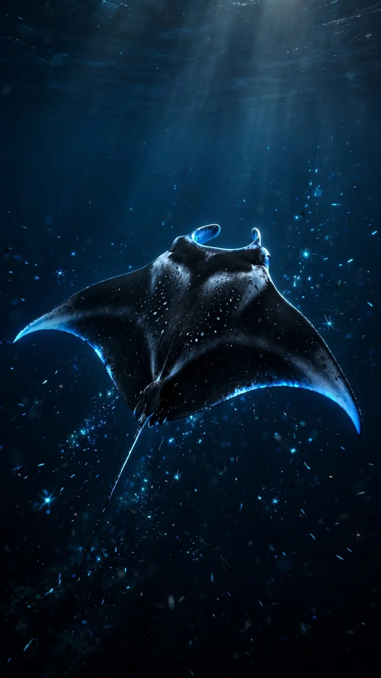 Black manta ray with glowing blue wing edges in the deep midnight ocean, dark wallpaper