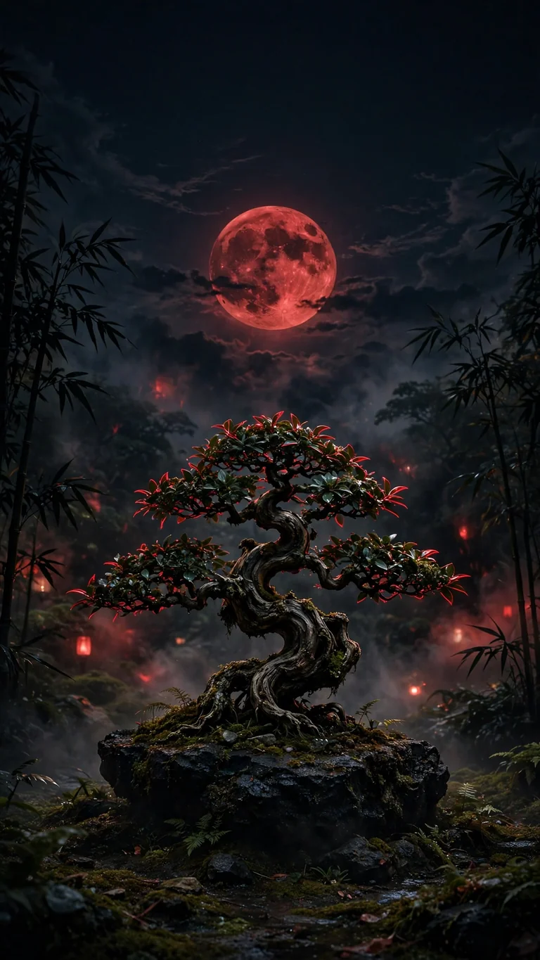 Twisted bonsai tree under a huge crimson moon in a misty night garden, dark wallpaper
