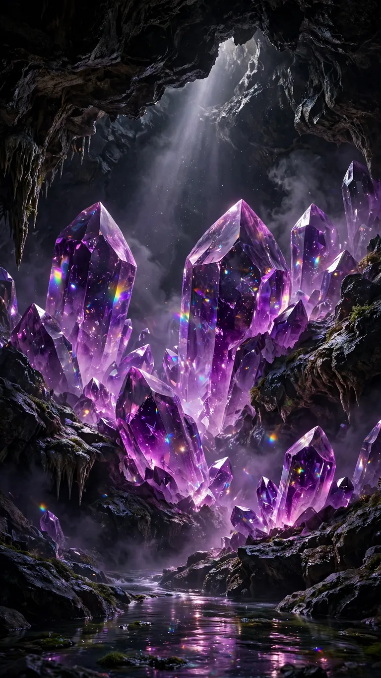 Glowing Amethyst Crystal Cavern dark phone wallpaper, glowing subject on deep dark background
