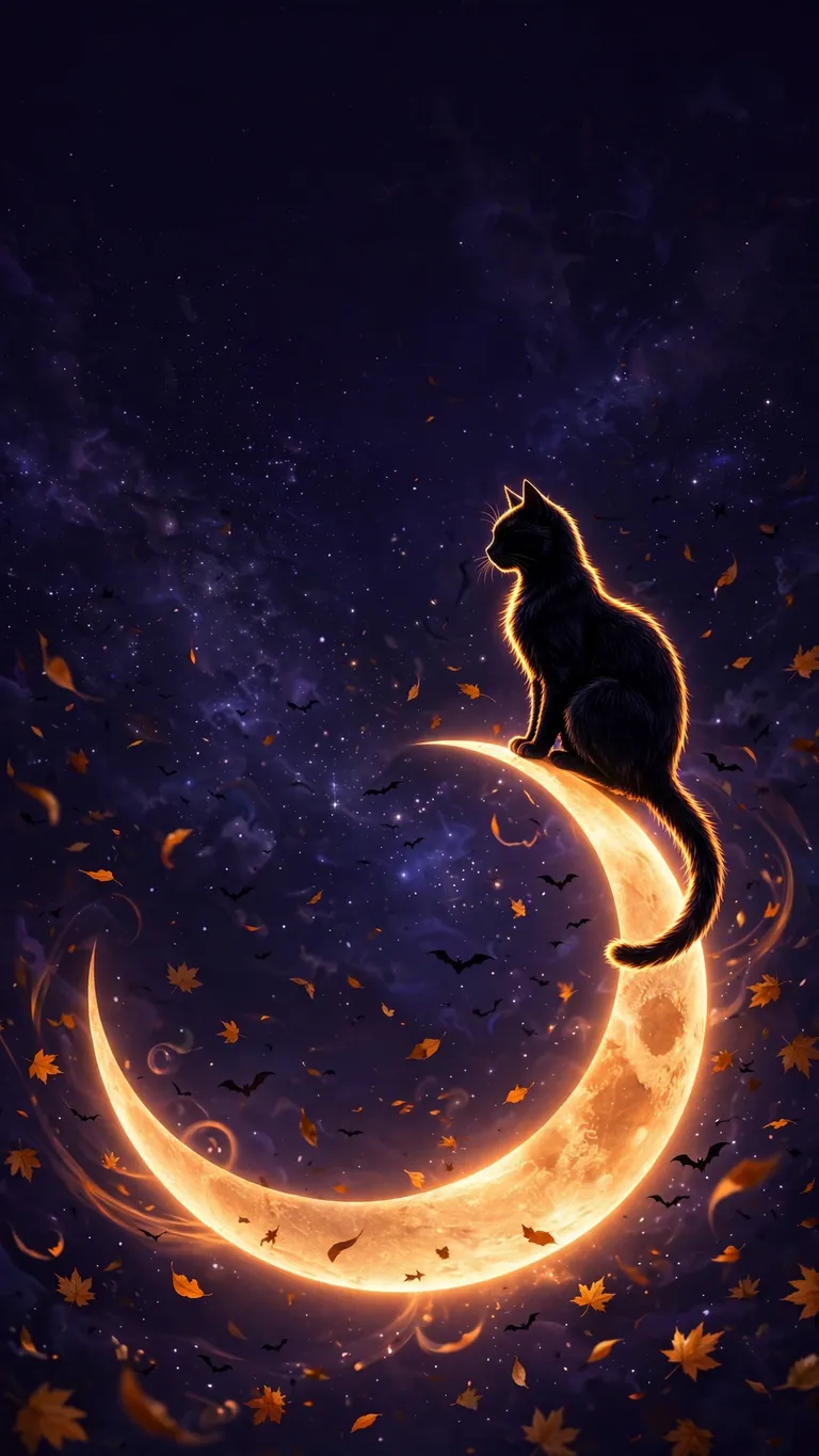 Black Cat on a Halloween Crescent Moon dark phone wallpaper, glowing subject on deep dark background