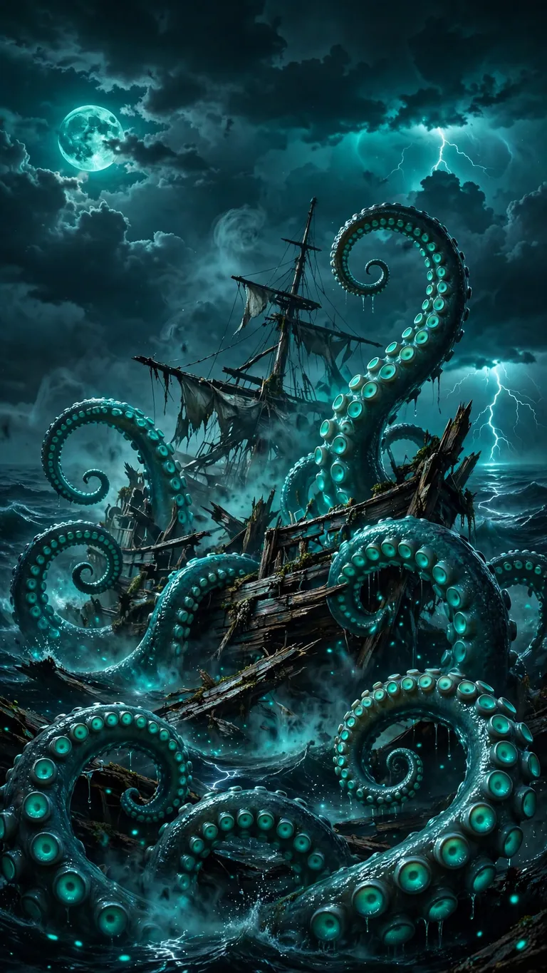 Kraken Coils Around a Ghost Wreck dark phone wallpaper, glowing subject on deep dark background
