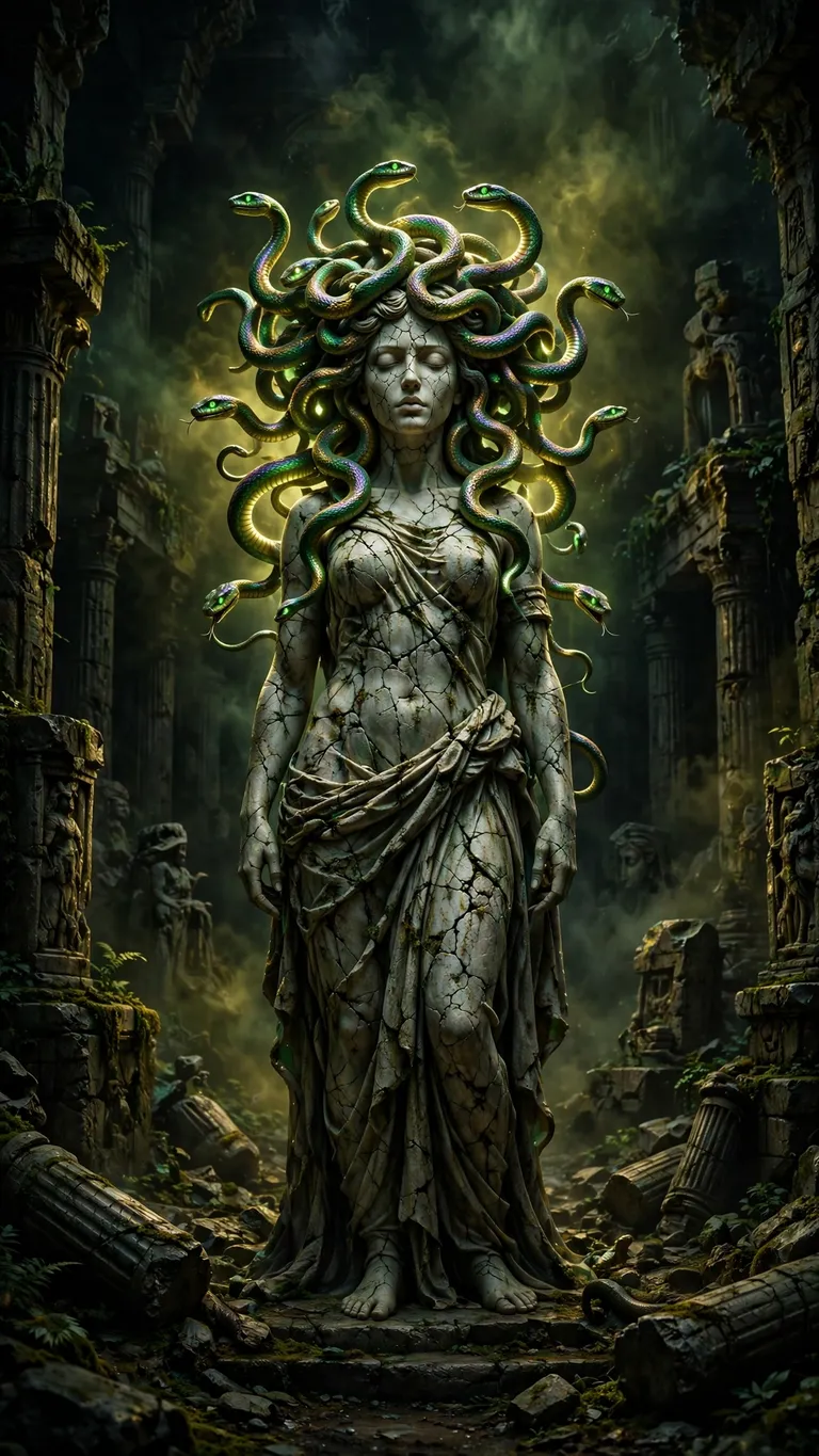 Medusa's Glowing Serpent Crown dark phone wallpaper, glowing subject on deep dark background