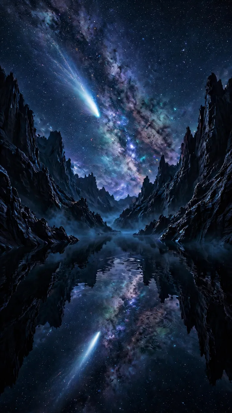 Obsidian Mirror Lake Under the Stars dark phone wallpaper, glowing subject on deep dark background