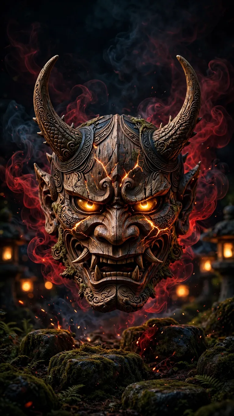 Crimson Oni Mask in the Night dark phone wallpaper, glowing subject on deep dark background