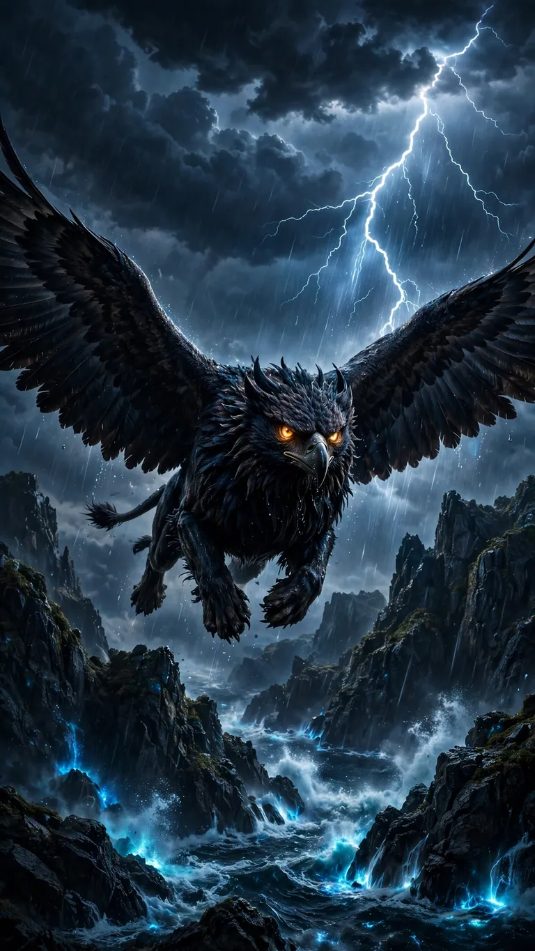 Shadow Gryphon Over Storm Cliffs dark phone wallpaper, glowing subject on deep dark background