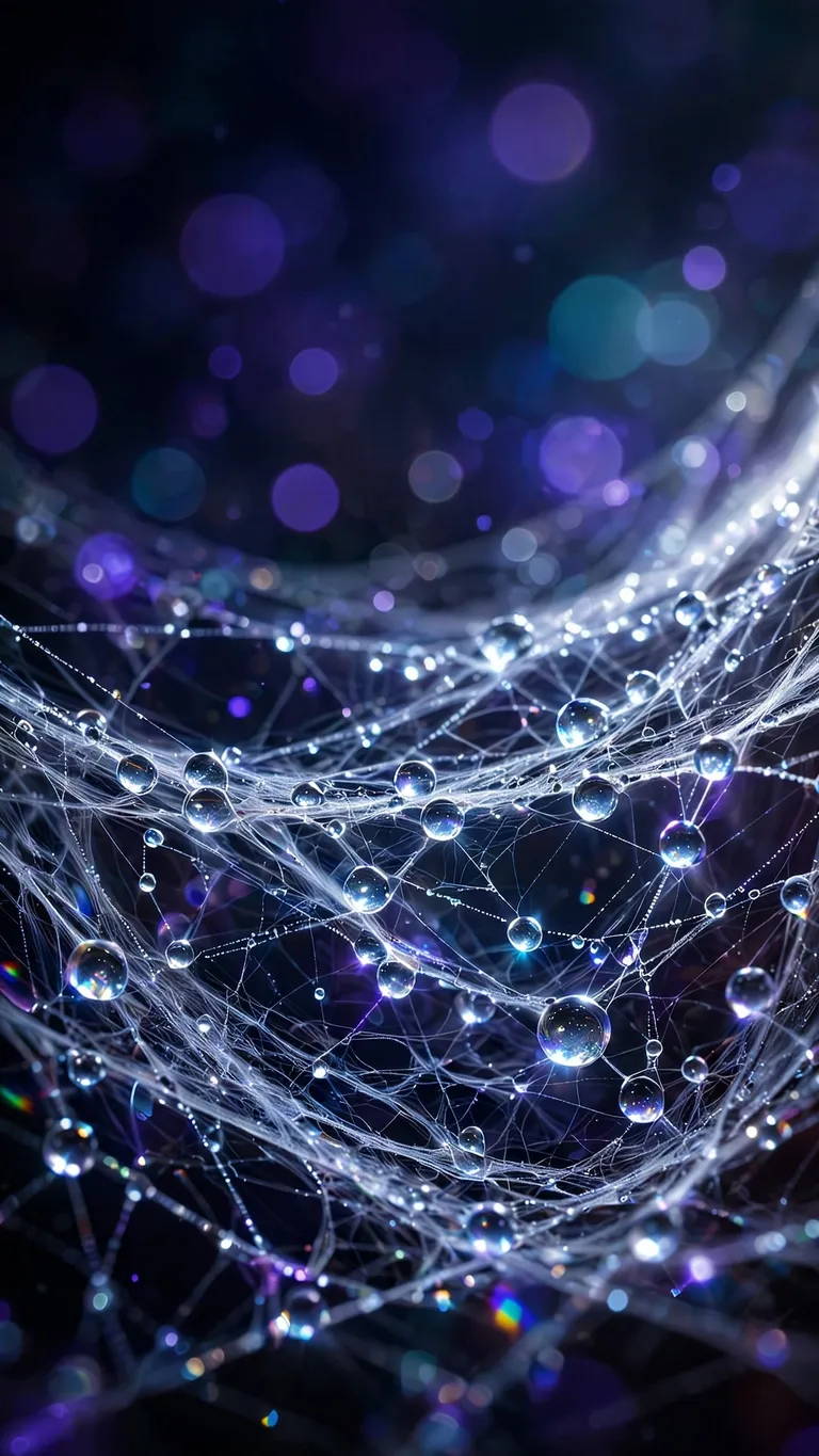 Dewdrop Spiderweb in Moonlight dark phone wallpaper, glowing subject on deep dark background
