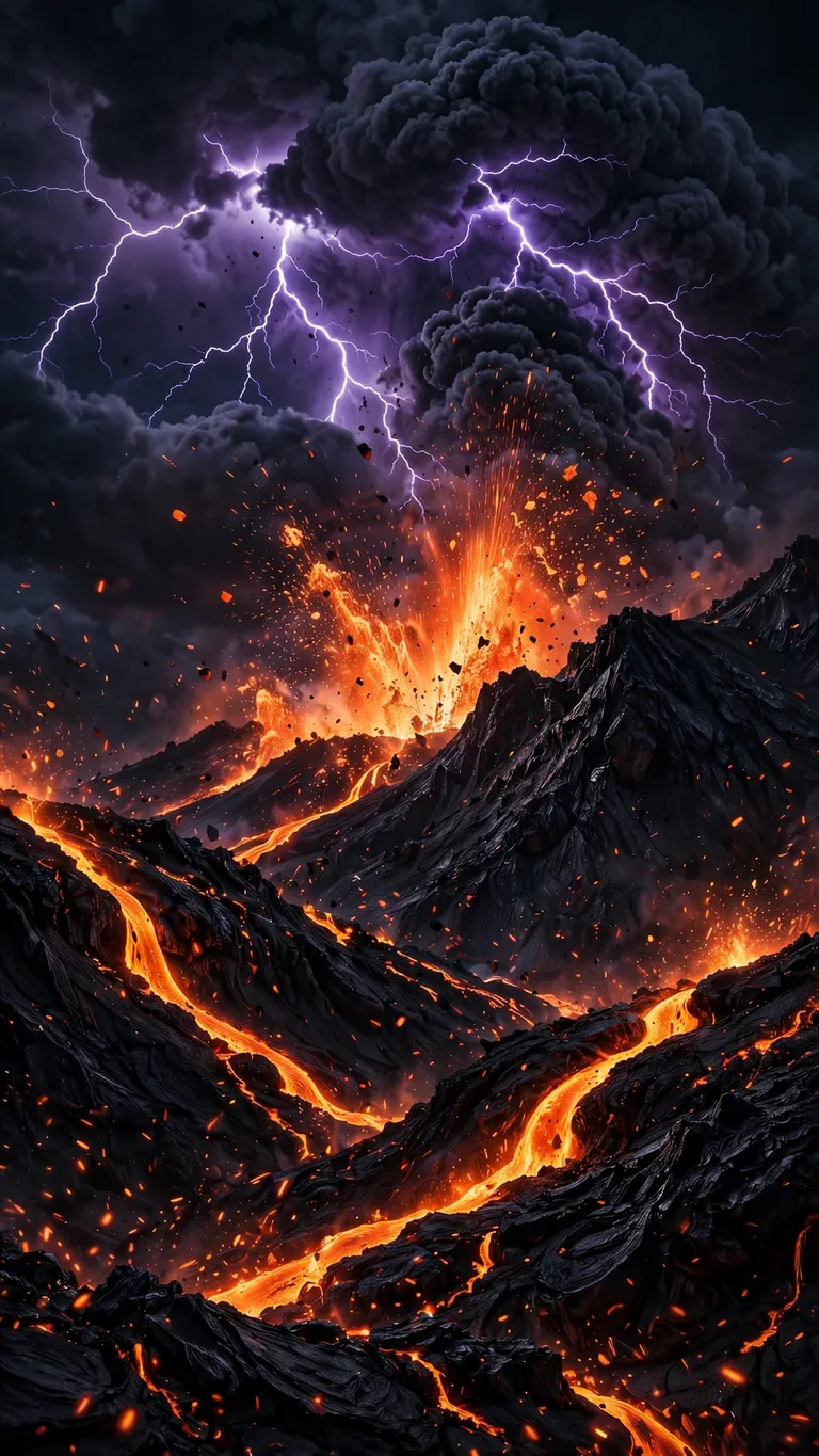 Volcano Erupting Under Violet Lightning dark phone wallpaper, glowing subject on deep dark background