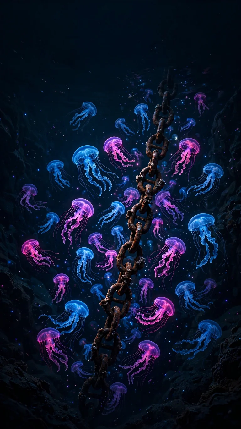 Glowing blue and magenta jellyfish rising around a rusted anchor chain in a black ocean trench