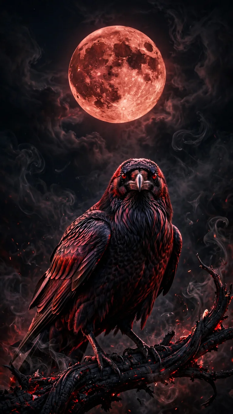 Giant crimson-black raven on a charred branch under a blood-red harvest moon