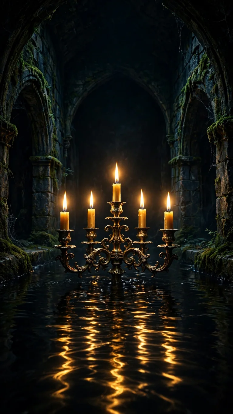 Antique brass candelabra with lit candles floating above dark water in a flooded stone crypt
