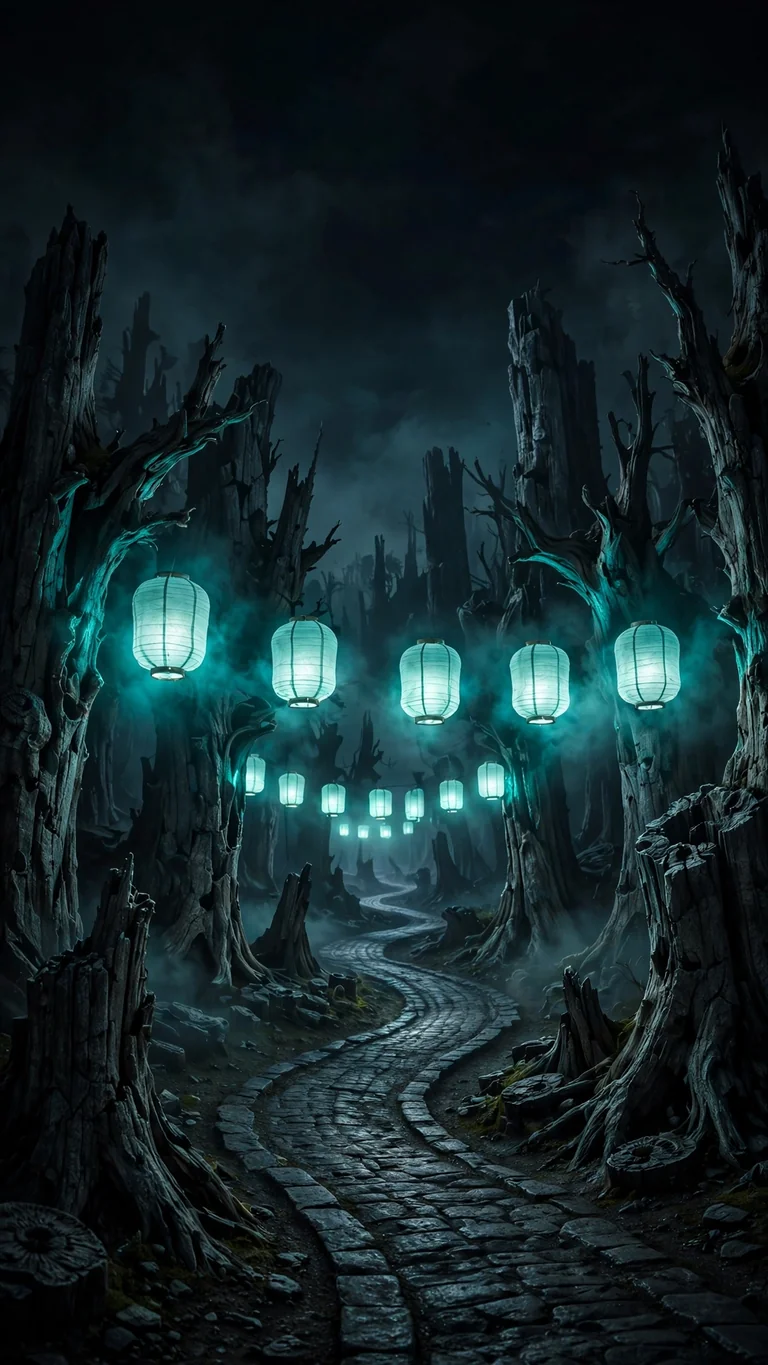 Pale-teal paper lanterns floating over a stone road through a dark petrified forest