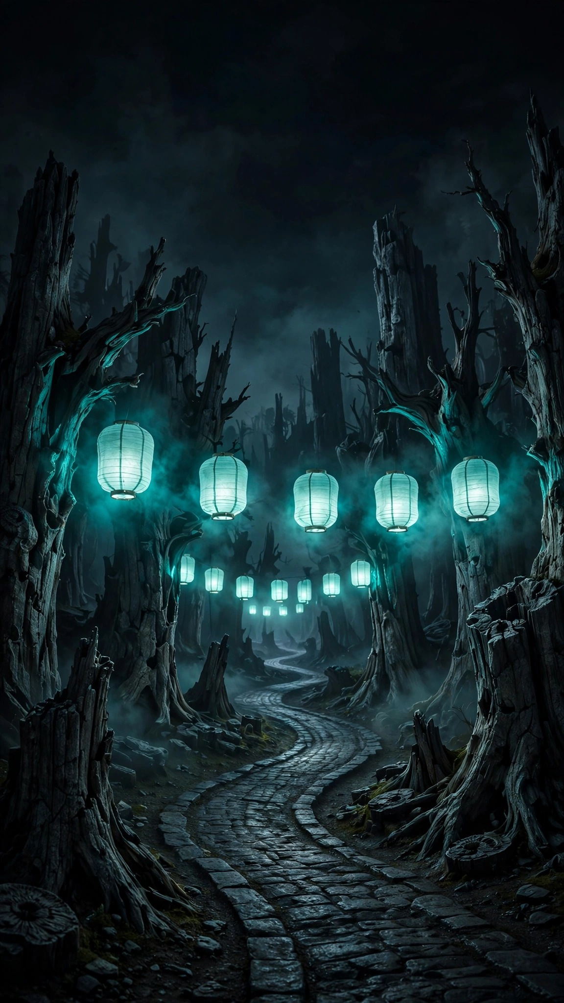 Pale-teal paper lanterns floating over a stone road through a dark petrified forest
