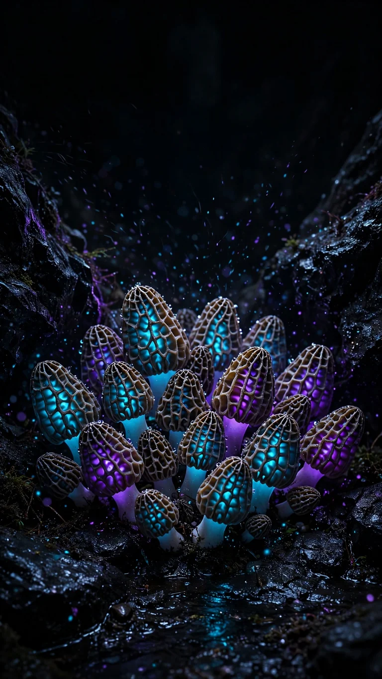 Bioluminescent morel mushrooms glowing cyan and violet in a black obsidian cave