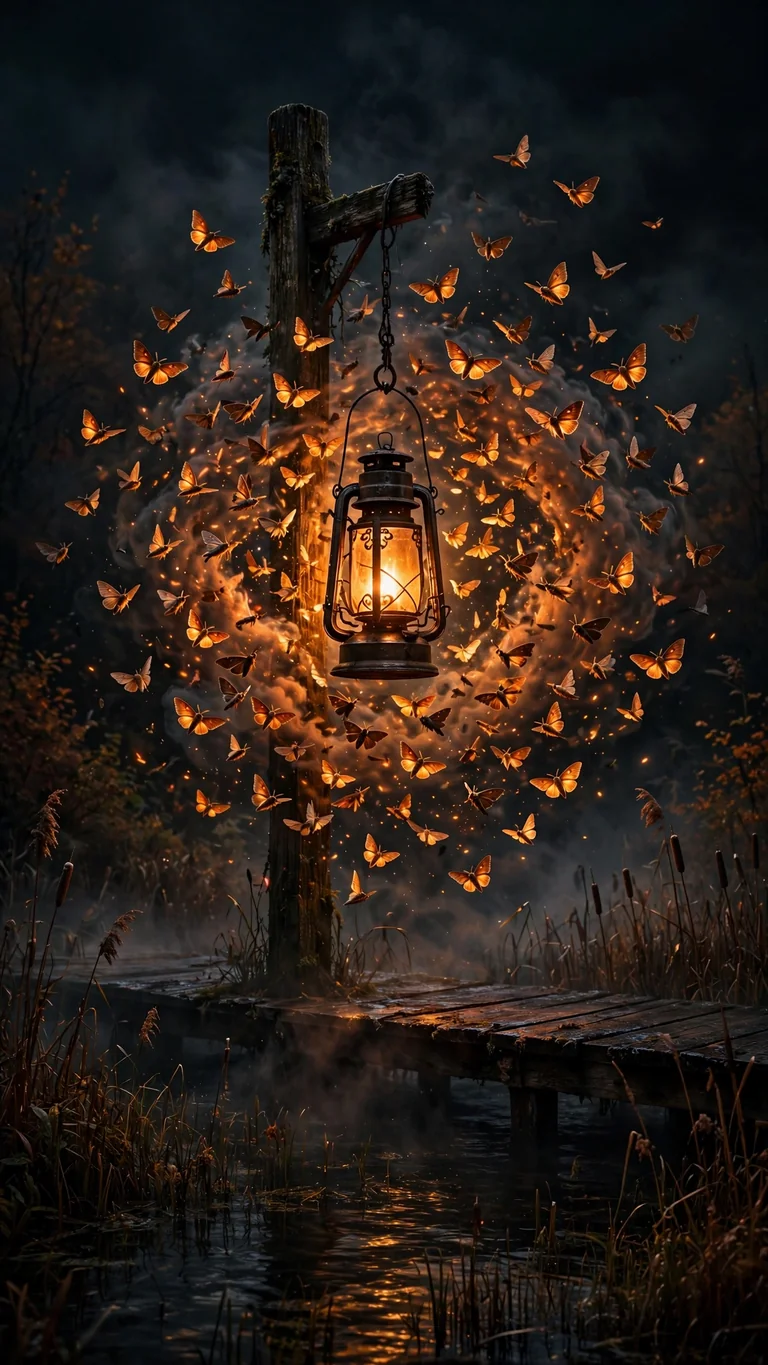 Ember-orange moths swirling around an iron lantern on a foggy wooden pier at night