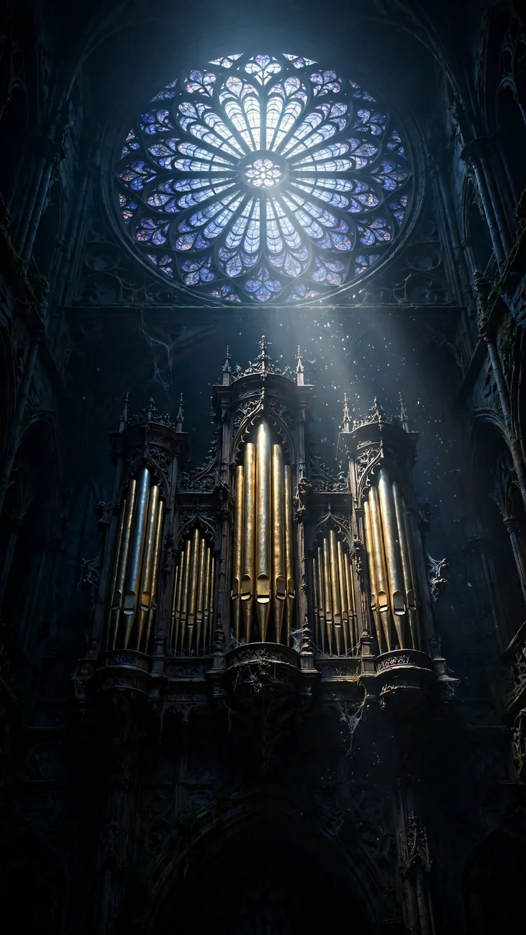 Ancient cathedral pipe organ with golden pipes under a glowing rose window in moonlight