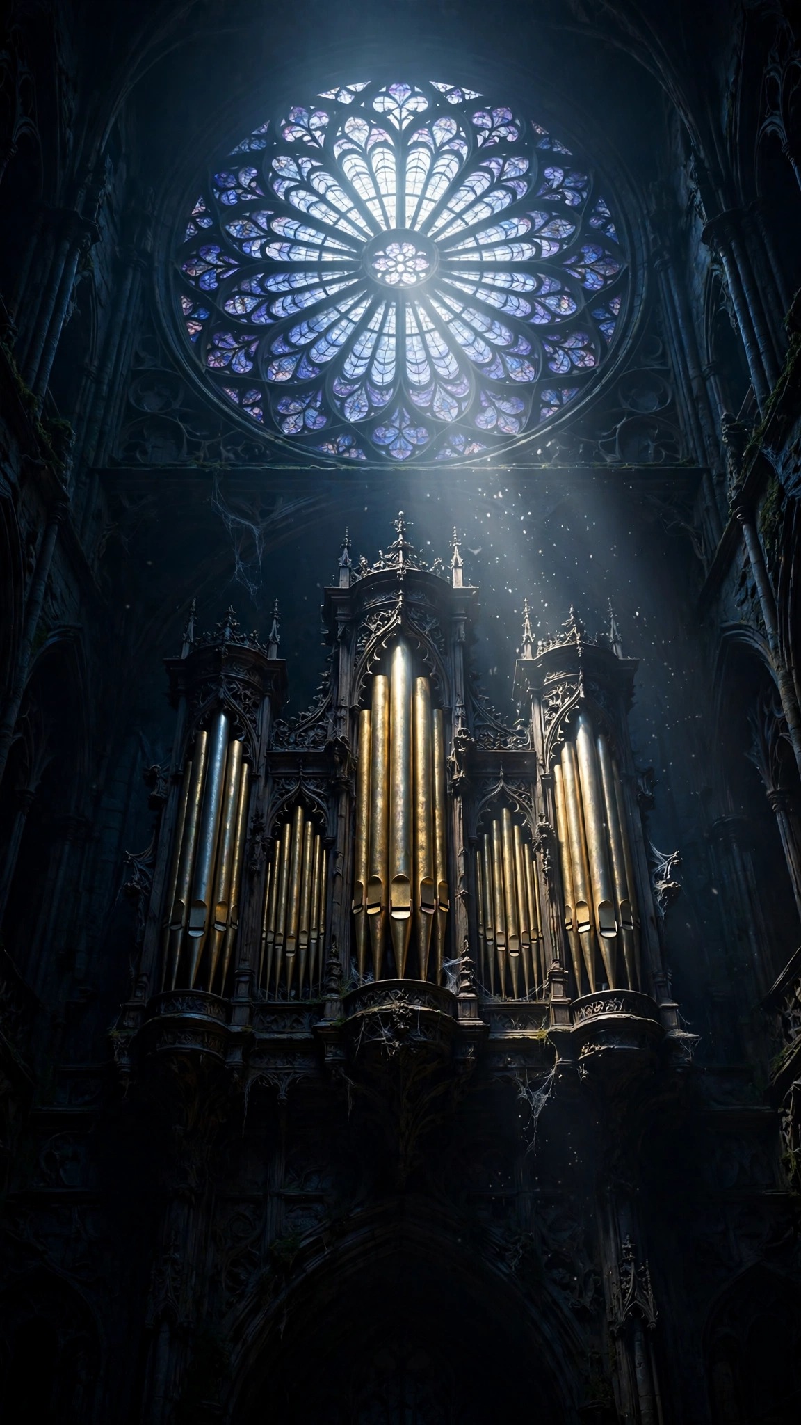 Ancient cathedral pipe organ with golden pipes under a glowing rose window in moonlight