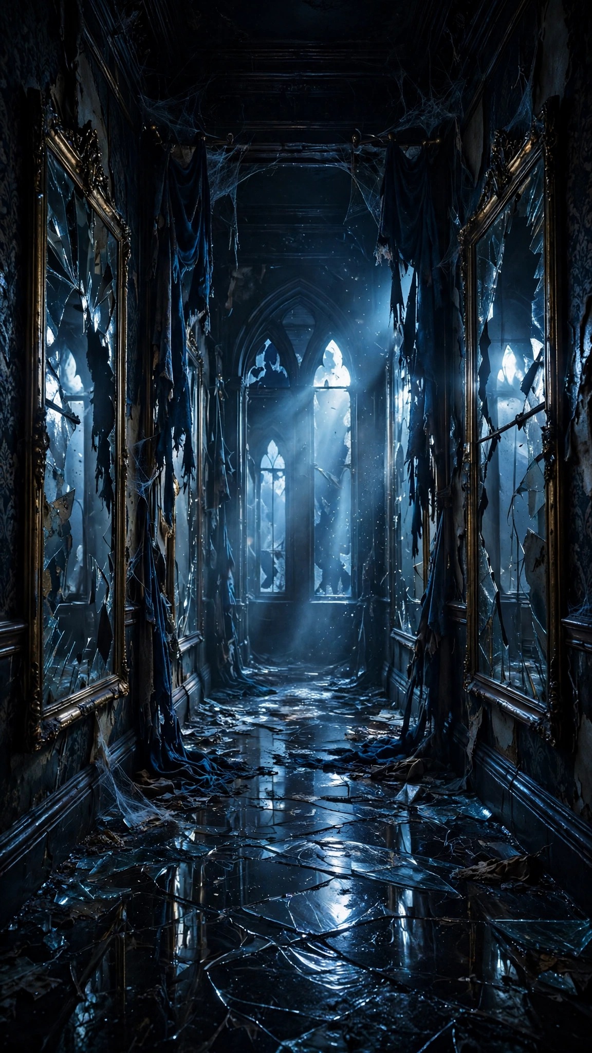 Abandoned Victorian corridor with shattered mirrors and cold moonlight streaming through arched windows
