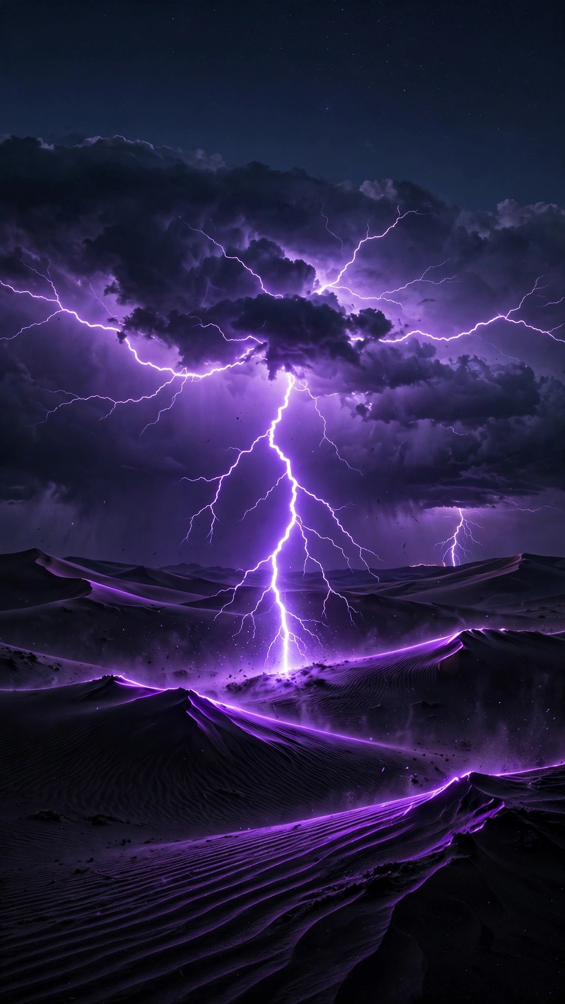 Massive violet lightning bolts striking black sand desert dunes at night