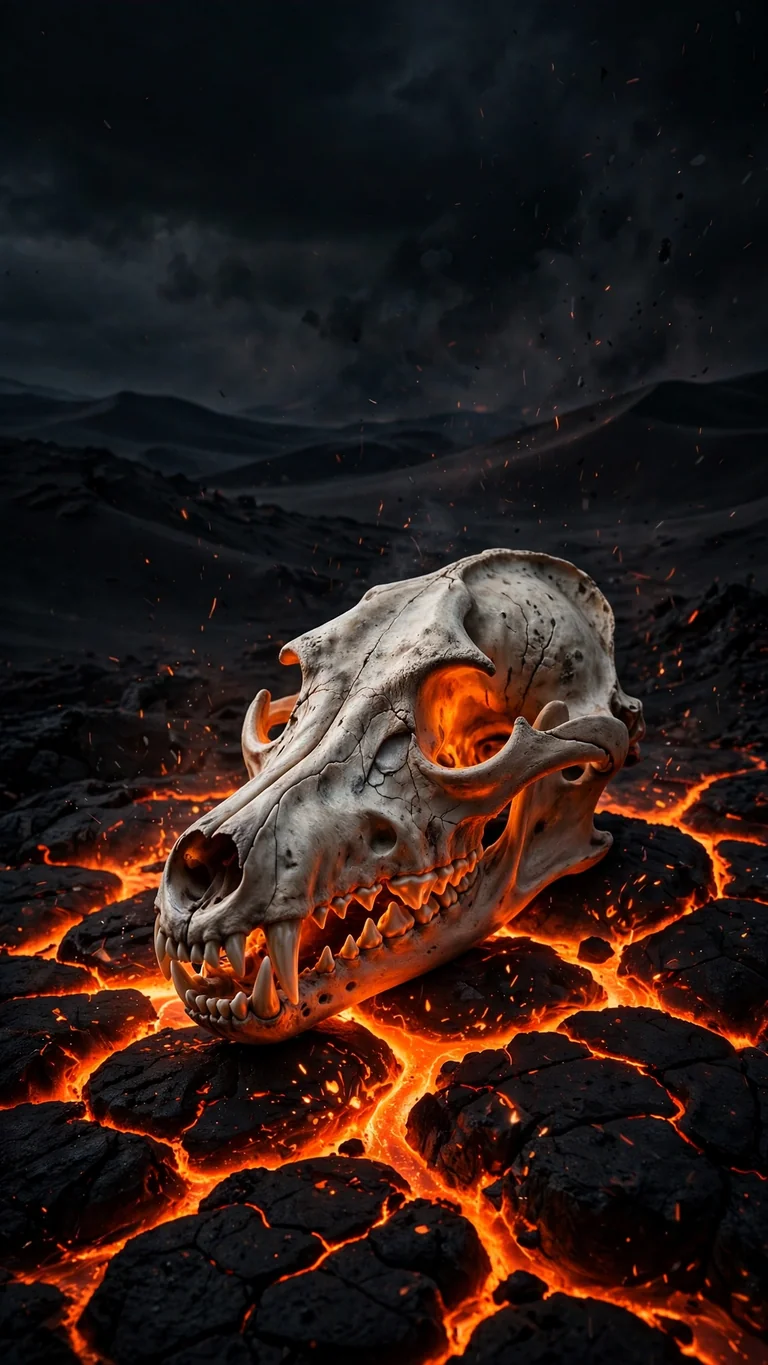 Bleached wolf skull on black volcanic rock split by glowing orange lava cracks