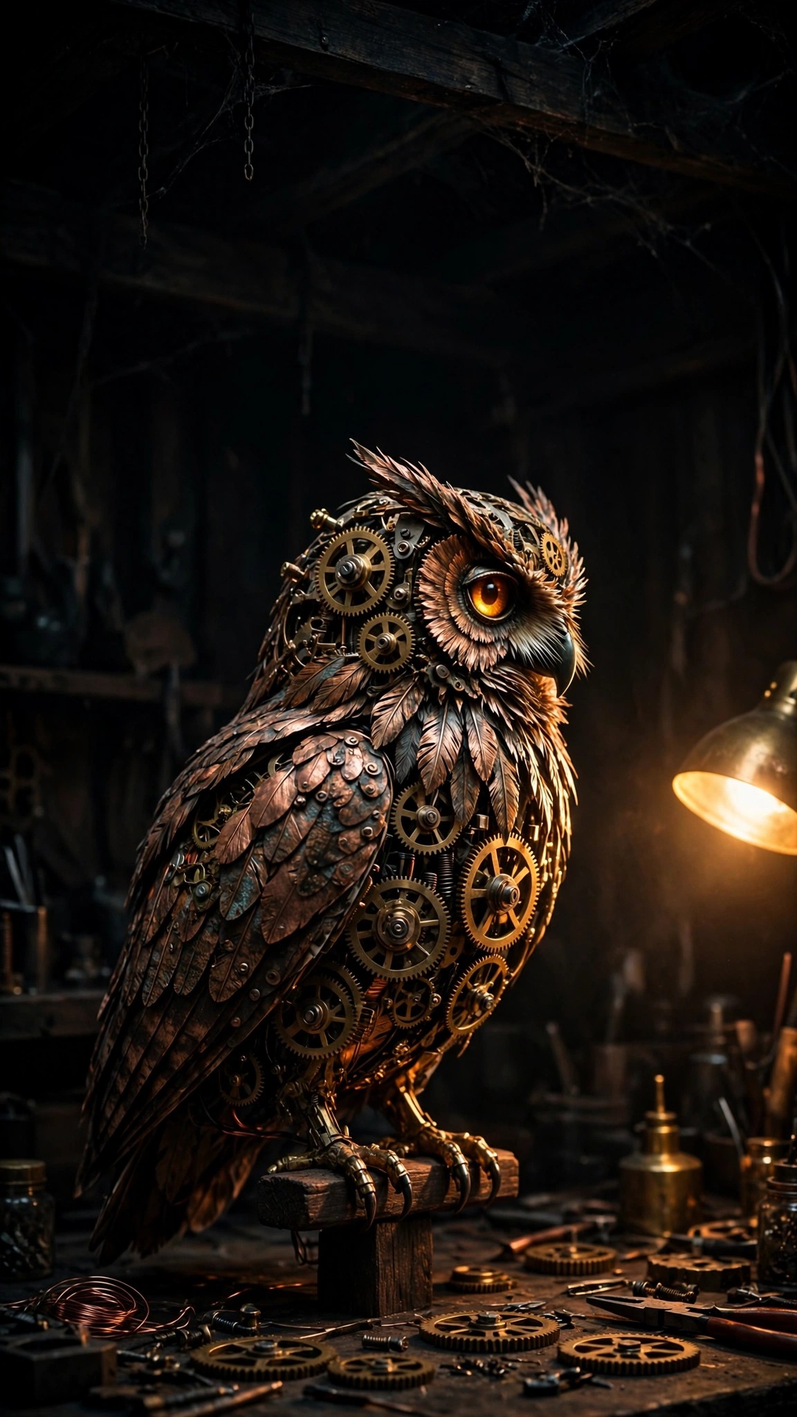 Clockwork Owl of Brass Gears dark phone wallpaper