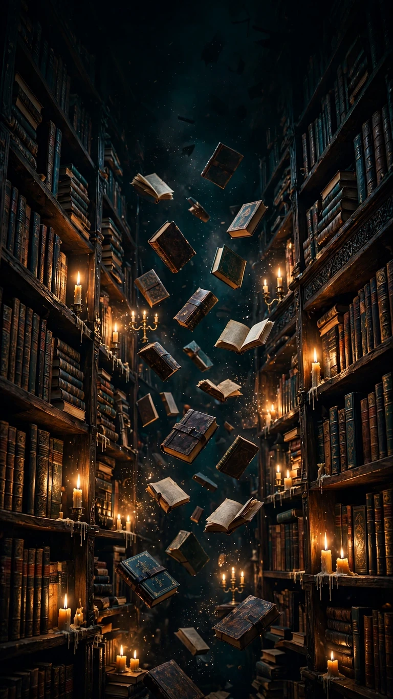 Haunted Bookshop with Floating Books dark phone wallpaper