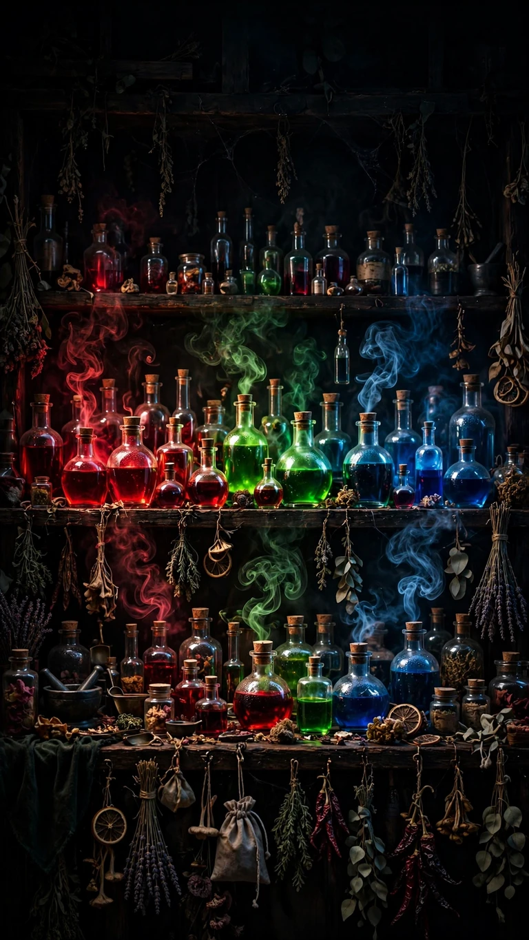 Midnight Apothecary Potion Bottles dark phone wallpaper