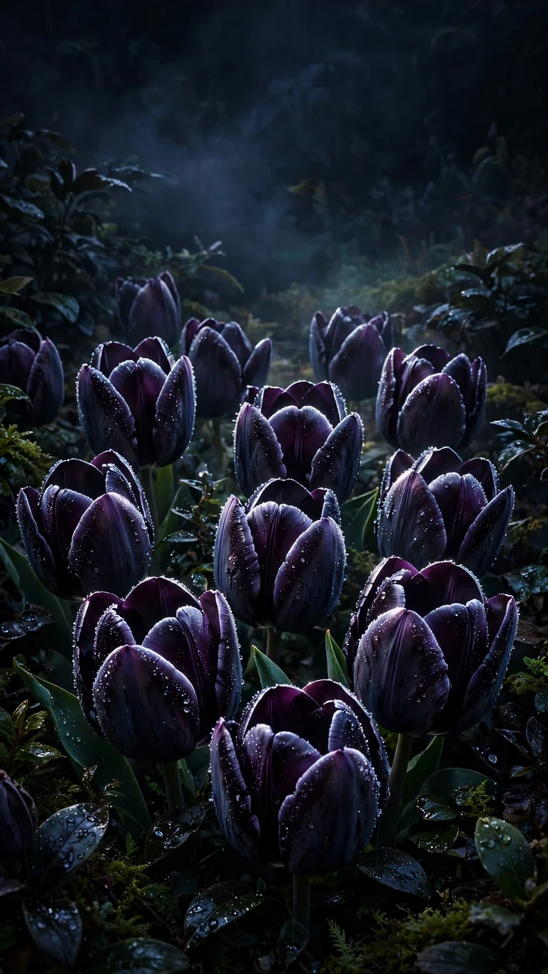 Midnight Black Tulips Silver Moon dark phone wallpaper