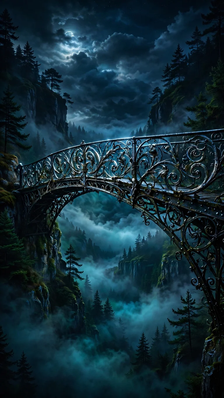 Midnight Iron Bridge Mist Gorge dark phone wallpaper