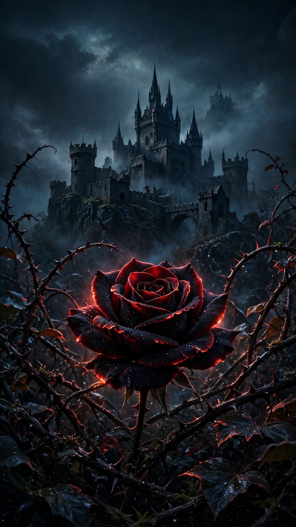 Black rose with red edges before a dark thorn castle