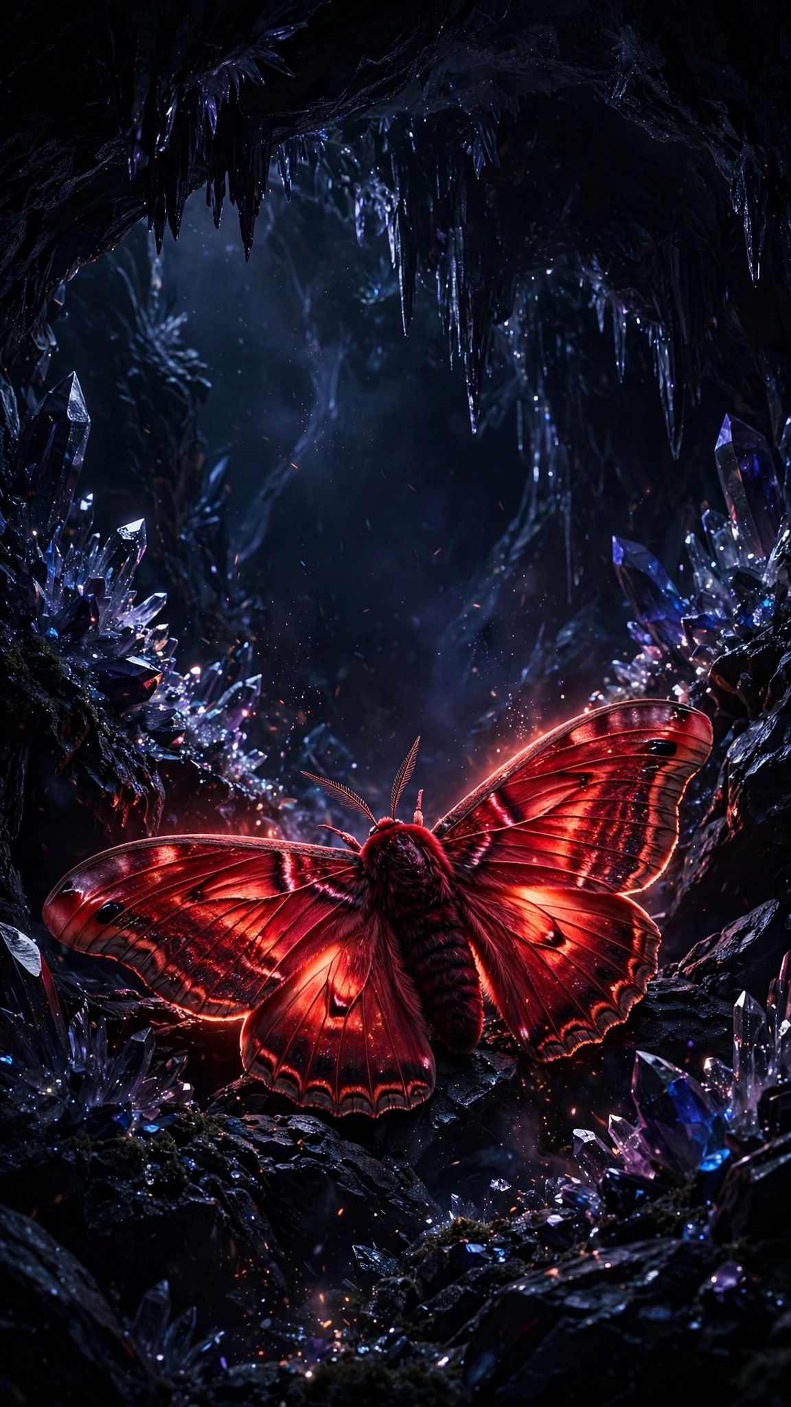 Crimson moth with glowing red wings in a dark obsidian crystal cave