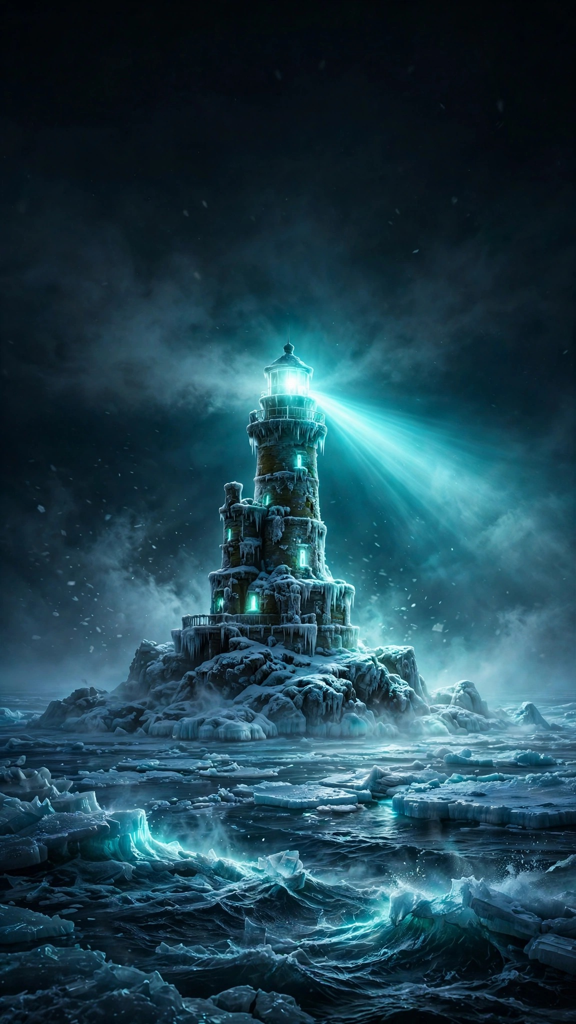 Ghost lighthouse glowing over a frozen sea at night