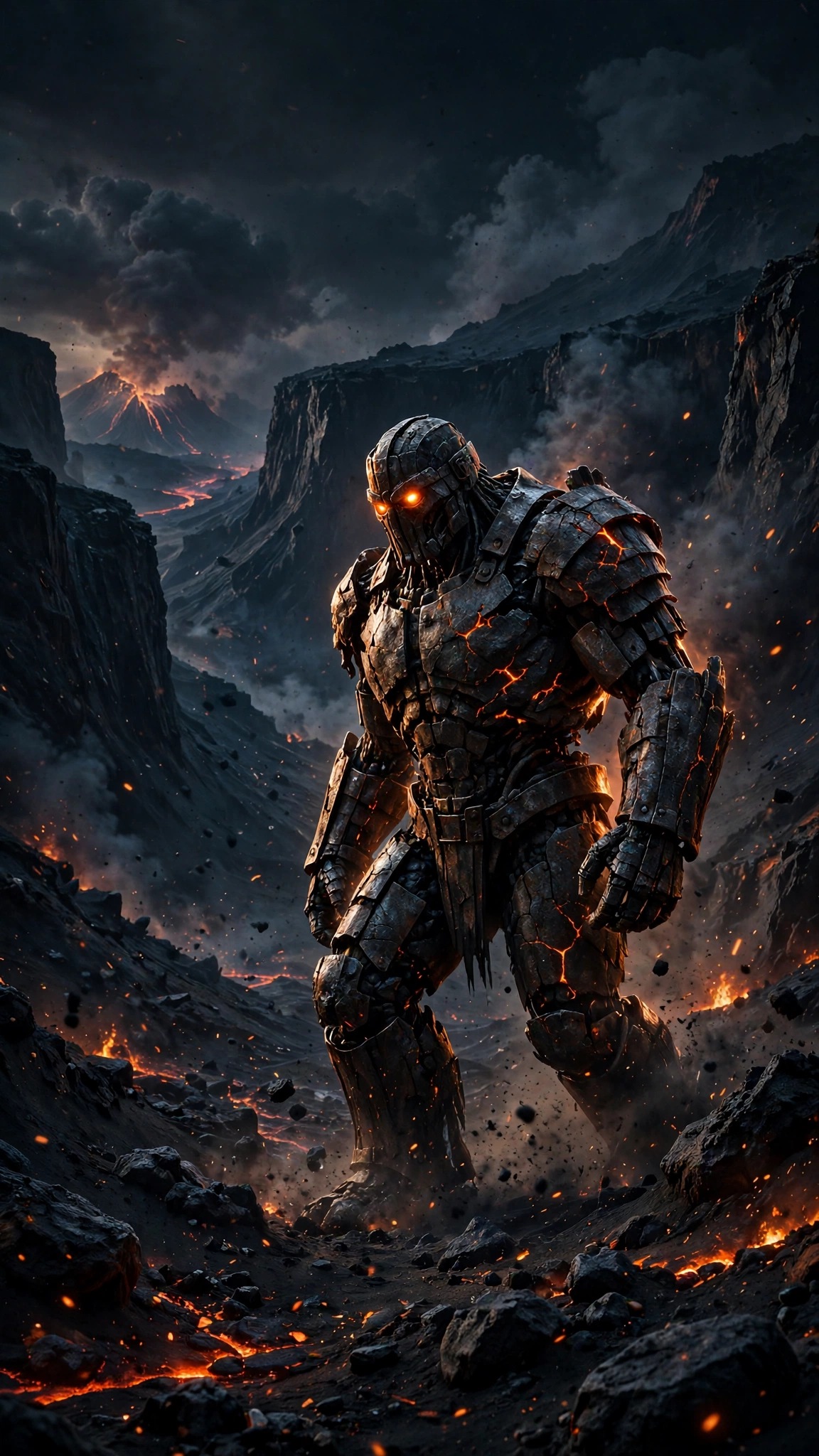 Iron golem with glowing eyes in a dark ash valley